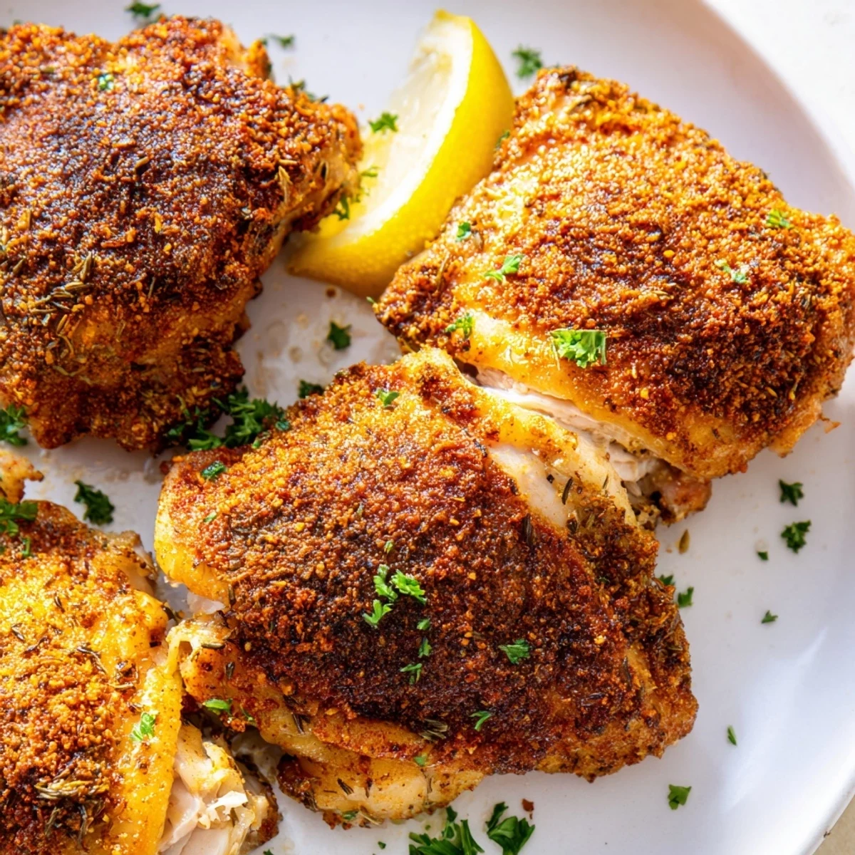 Juicy oven baked chicken thighs with crispy herb-crusted skin served with fresh lemon wedges