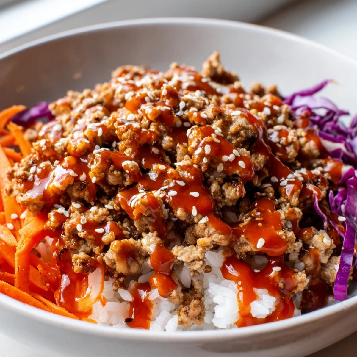 Ground Turkey Rice Bowls drizzled with creamy, spicy Bang Bang sauce over crisp vegetables