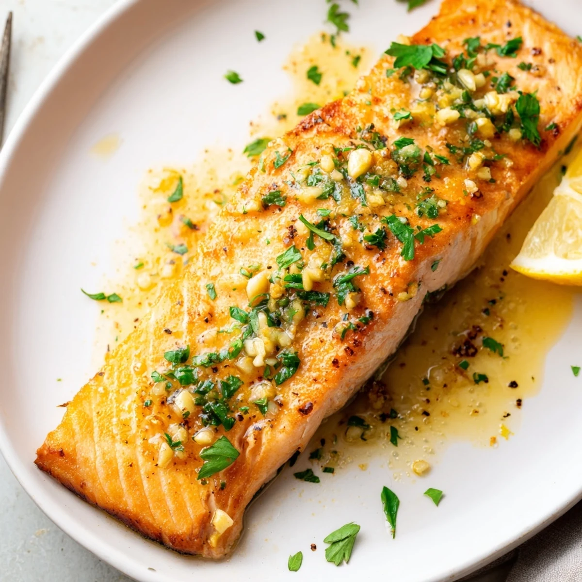 Pan-seared garlic butter salmon topped with fresh parsley and bright lemon wedges