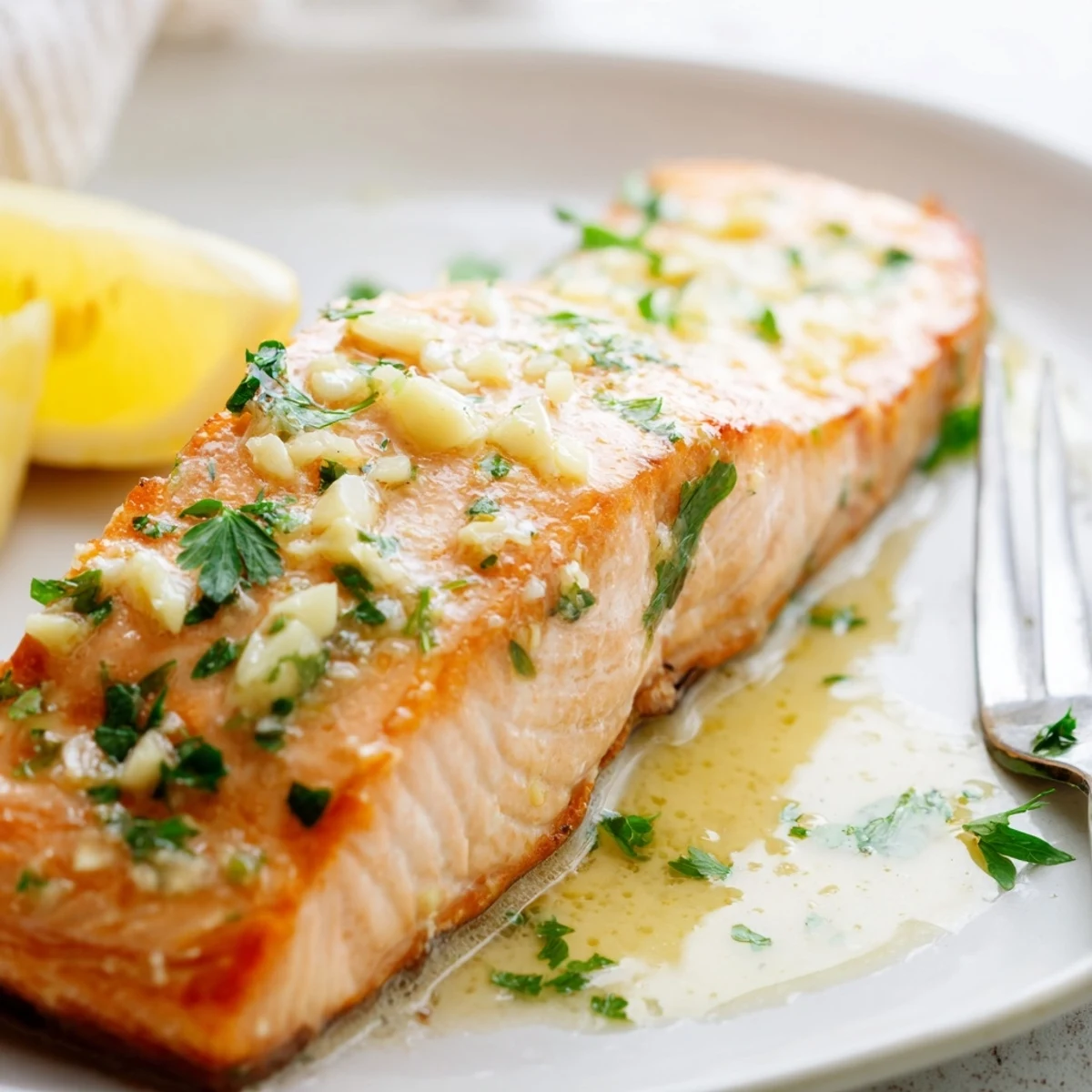 Golden garlic butter salmon fillets glistening with rich lemon herb sauce on a plate