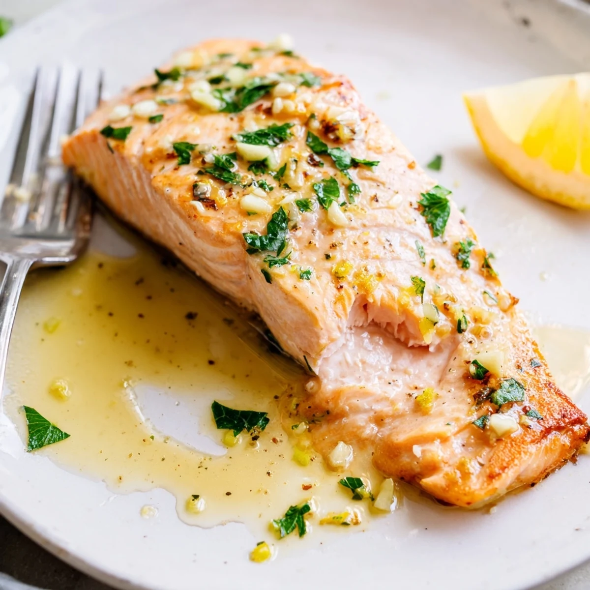 Sizzling garlic butter salmon drizzled with aromatic lemon butter sauce ready to serve