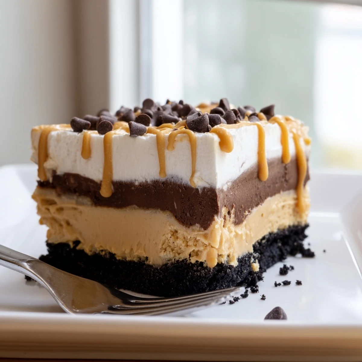 Creamy peanut butter layered dessert with rich chocolate pudding and whipped topping