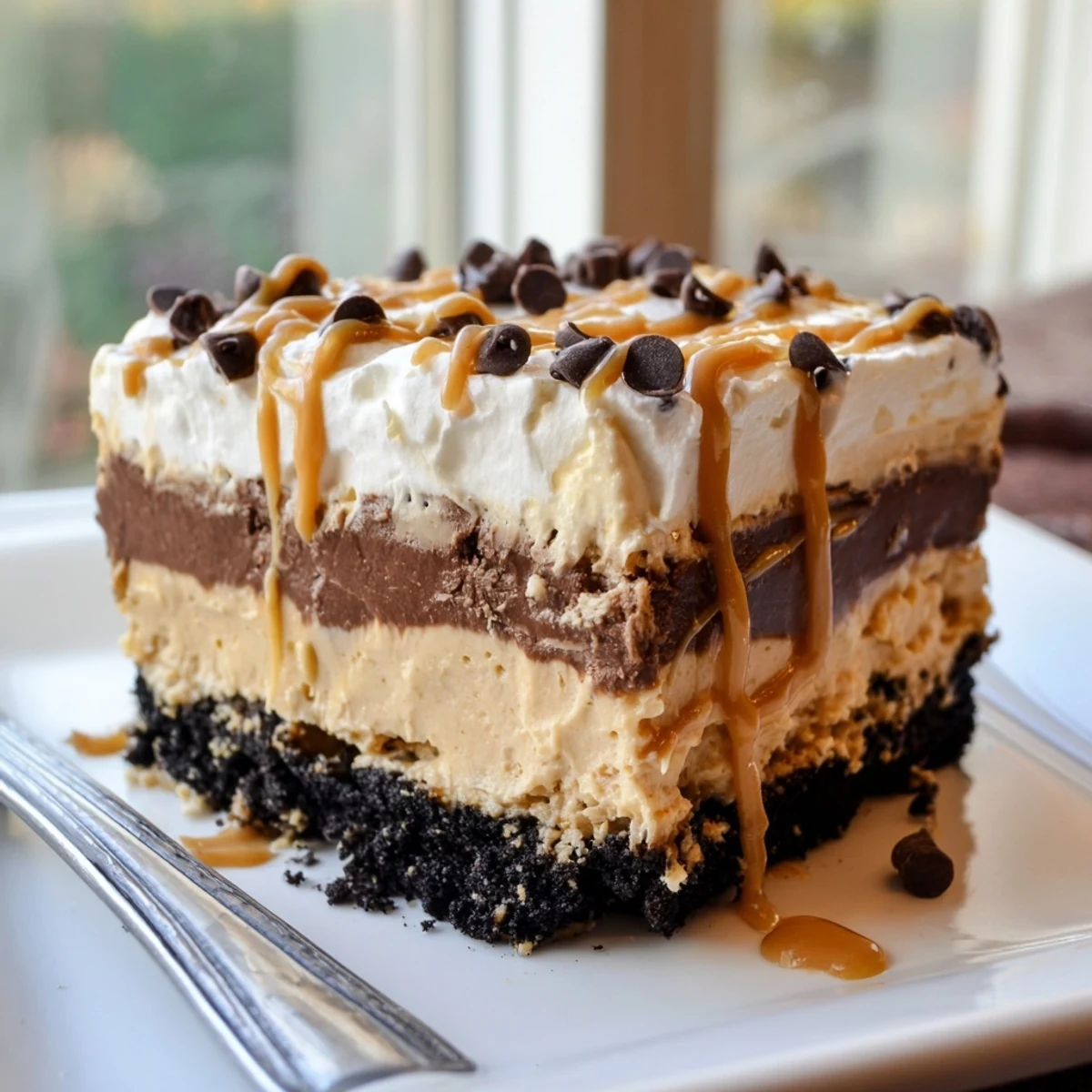 Peanut butter layered delight sliced into squares showing cookie crust and fluffy layers