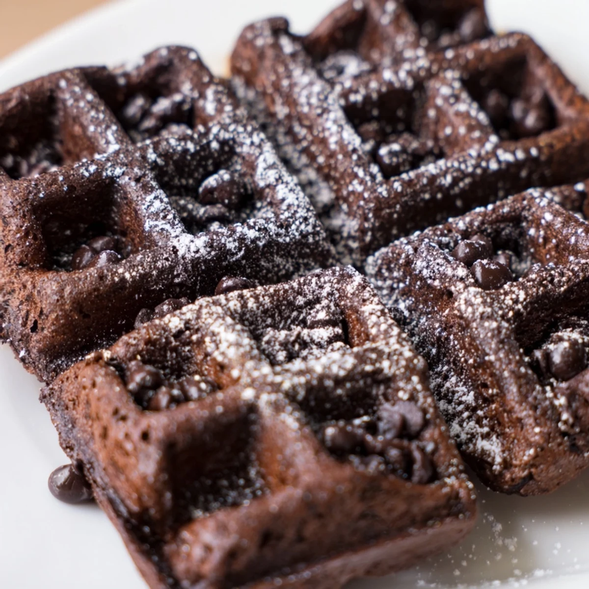 Crisp, chocolatey fudgy brownie waffles with gooey melted chocolate chips and golden ridged edges