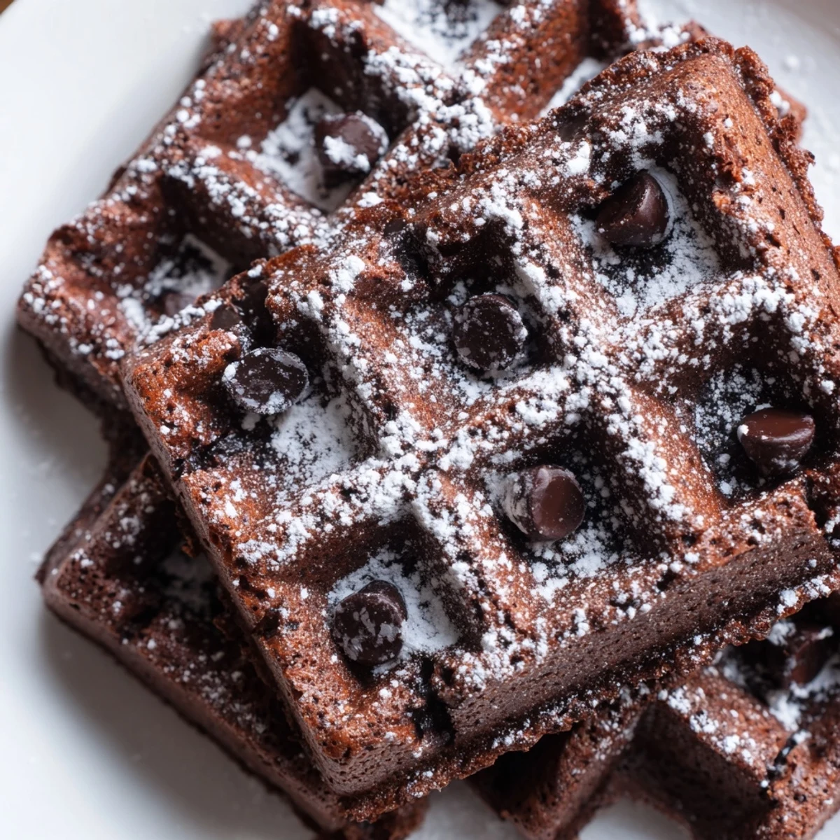 Freshly cooked fudgy brownie waffles topped with a scoop of creamy vanilla ice cream
