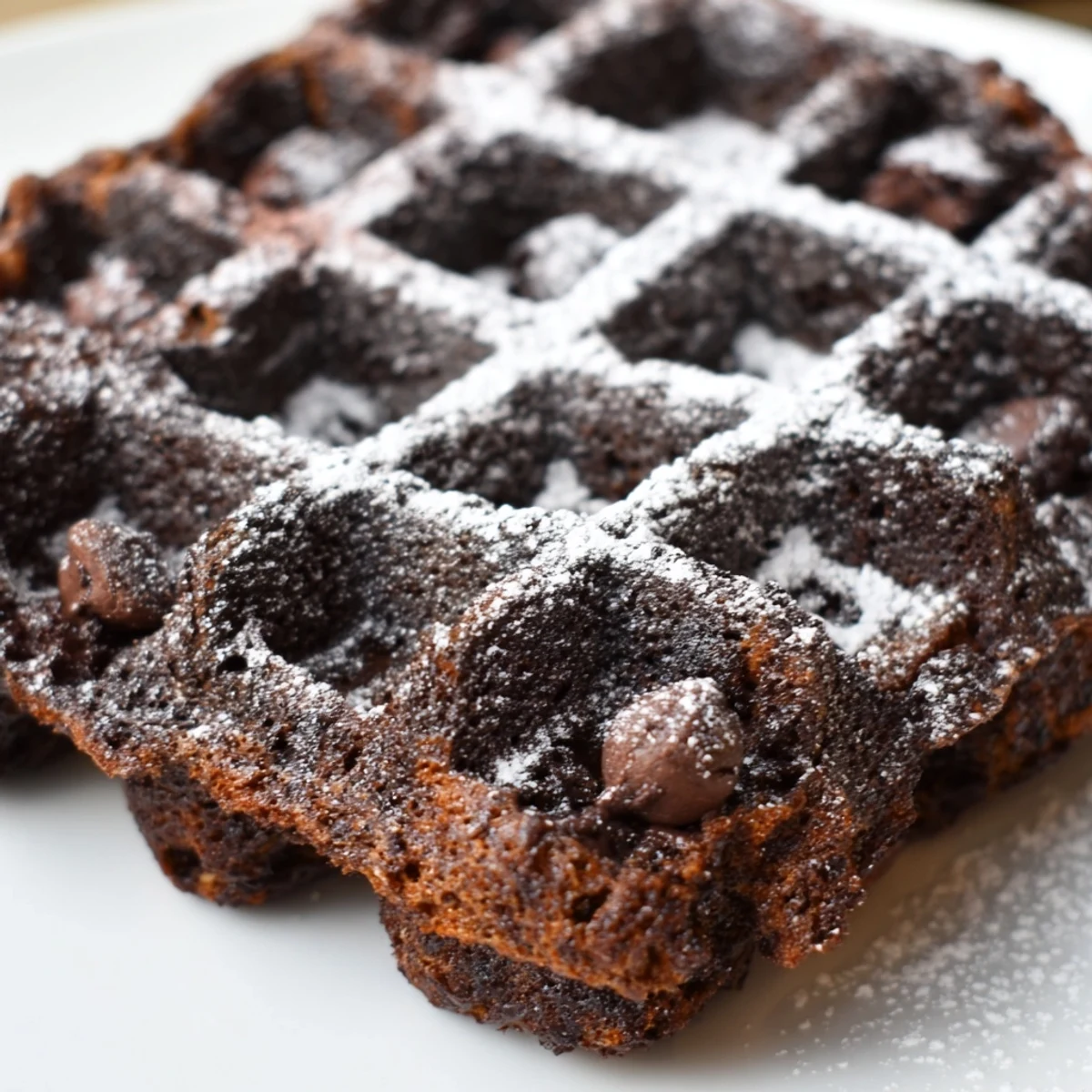 Warm fudgy brownie waffles stacked on a plate drizzled with rich chocolate sauce