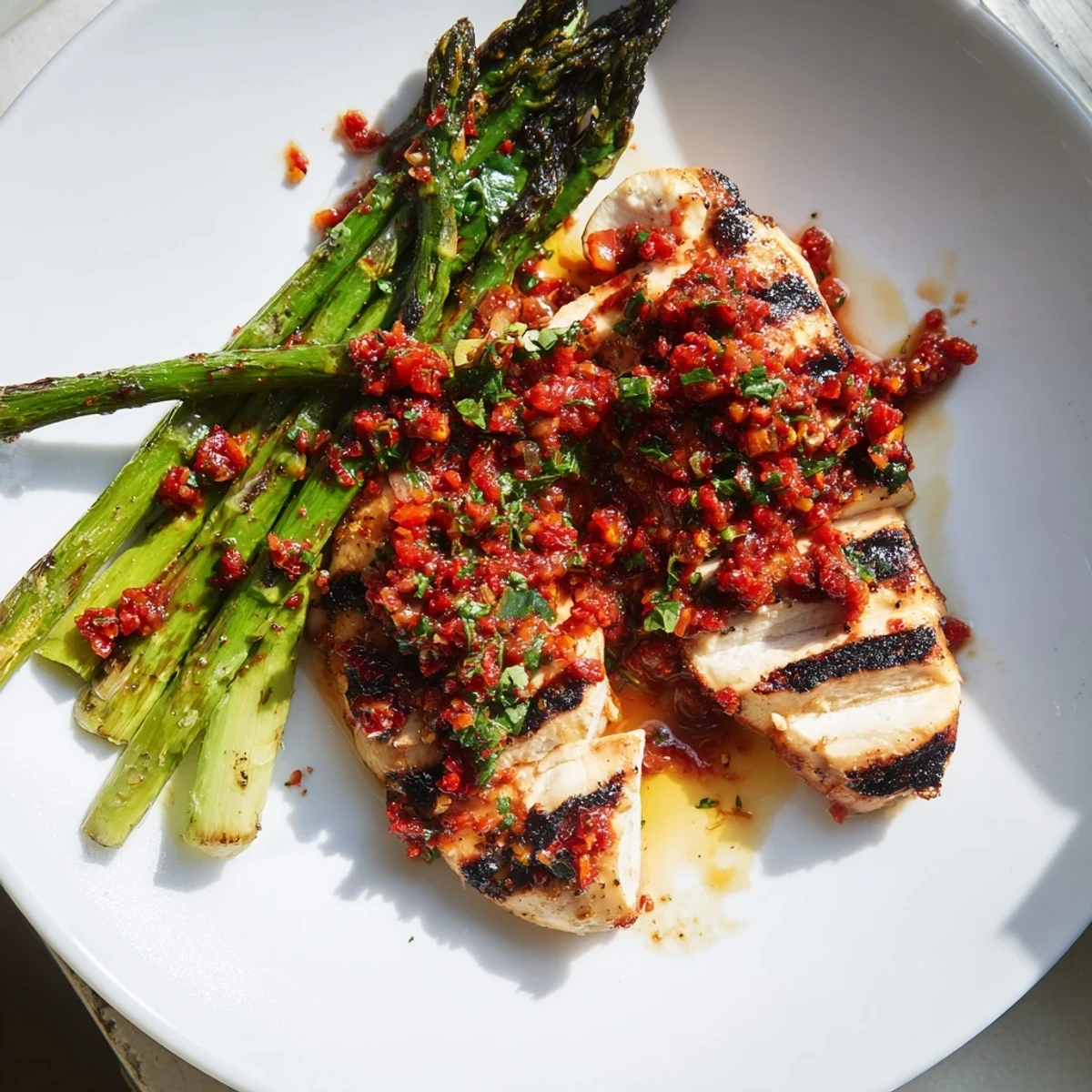 Juicy grilled asparagus chicken drizzled with vibrant Calabrian chili sauce on a rustic plate