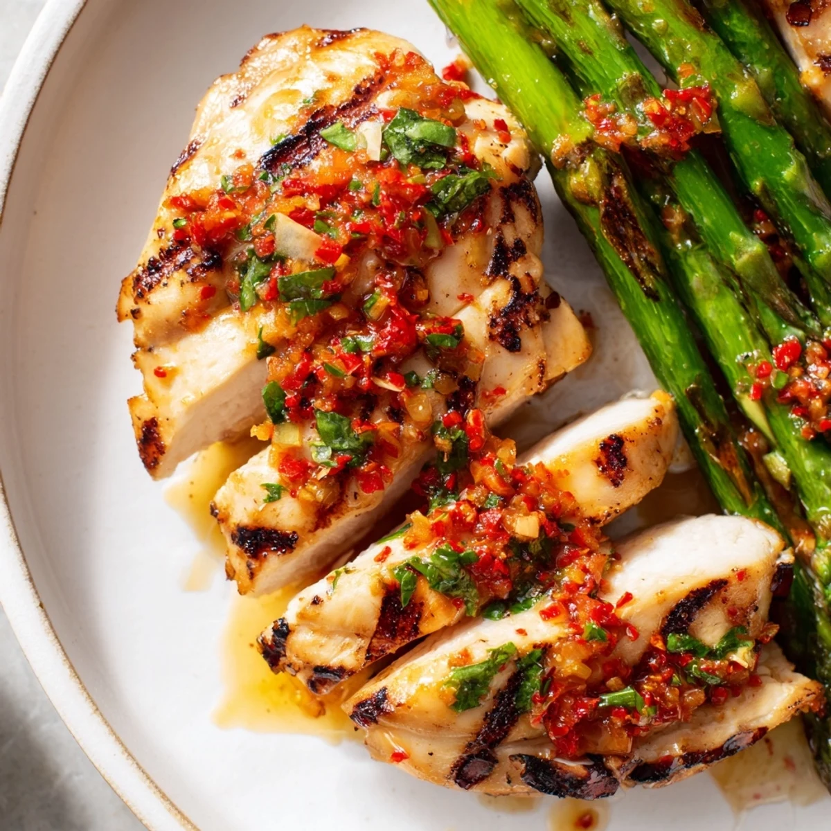 Golden grilled asparagus chicken with spicy Calabrian chili sauce and charred tender spears