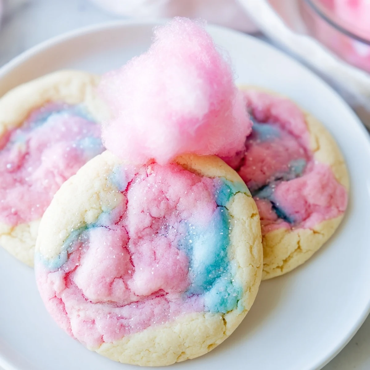 Swirled pink and blue cotton candy cookies with soft chewy centers on a baking sheet