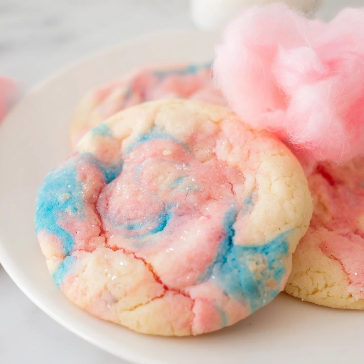 Pastel marbled cotton candy cookies garnished with fluffy spun sugar for a whimsical dessert
