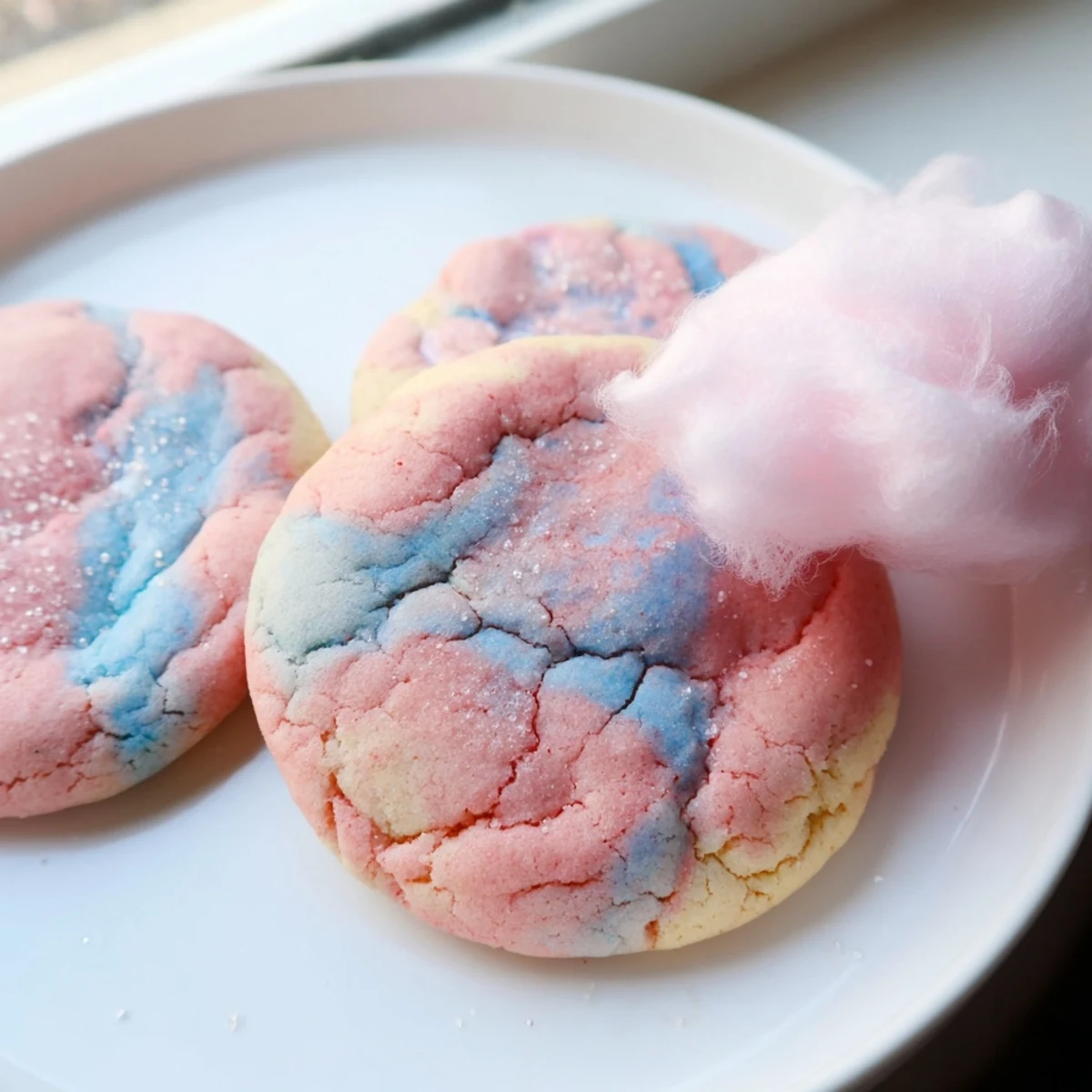 Gently swirled cotton candy cookies in dreamy pink and blue hues piled on a platter