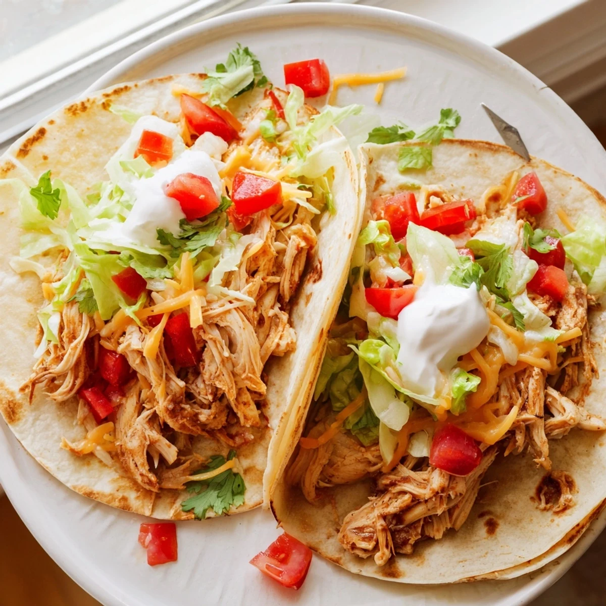 Slow Cooker Ranch Chicken Tacos topped with melted cheese and fresh cilantro on warm tortillas