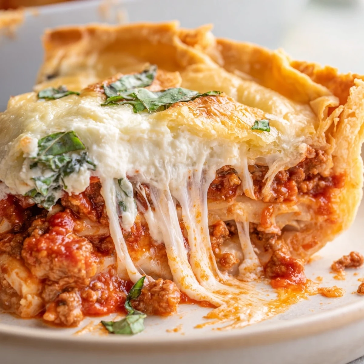 Cheesy Lasagna Pie with golden bubbling mozzarella and rich meat sauce in flaky crust