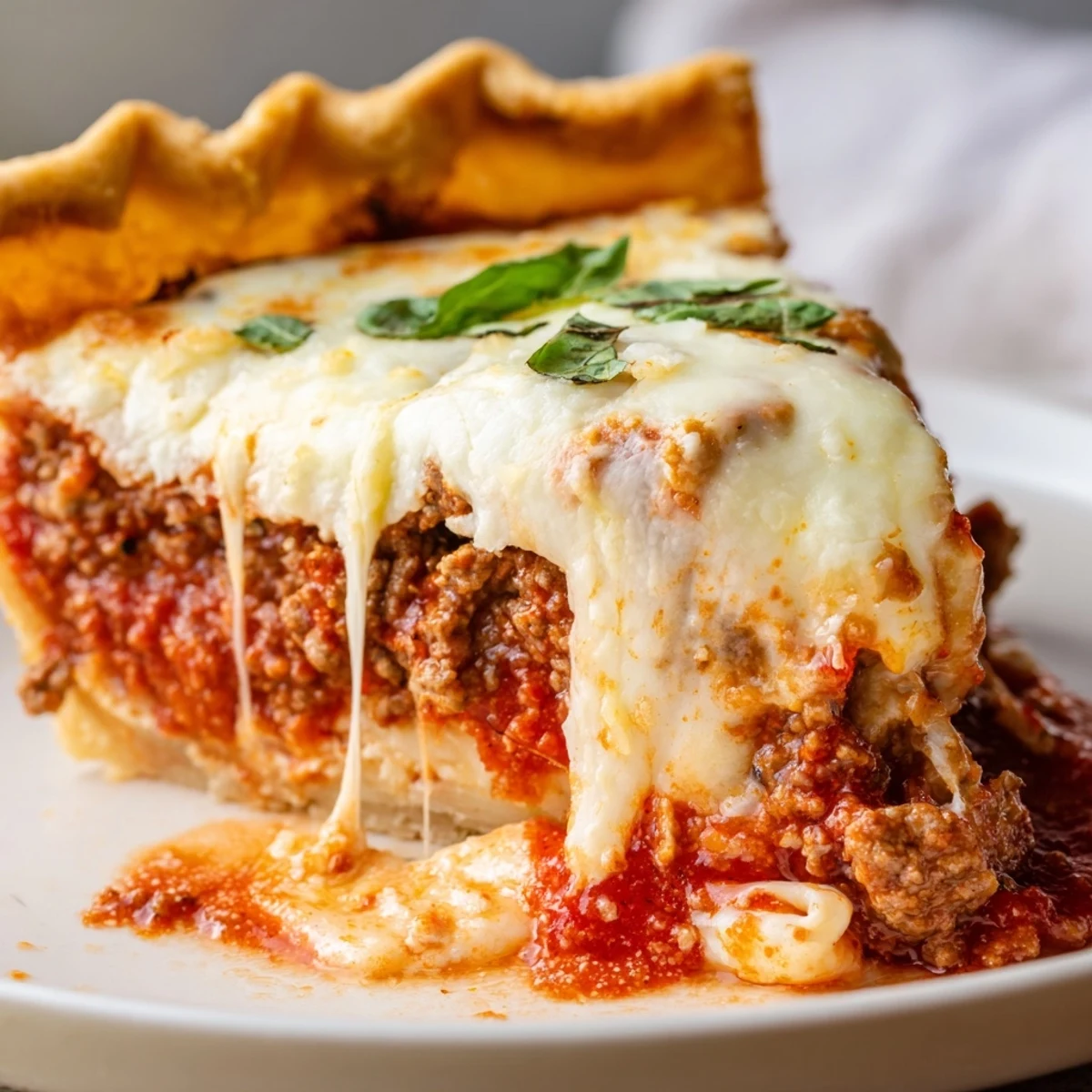 Creamy ricotta and gooey cheese layers stacked inside Cheesy Lasagna Pie slice