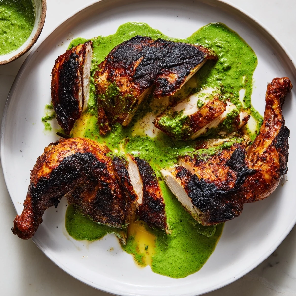 Juicy Peruvian chicken delight fresh from the oven with herbaceous aji verde and roasted potato wedges