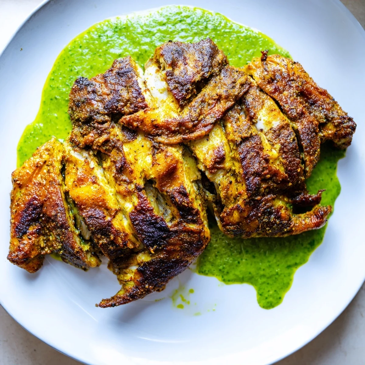 Crispy golden Peruvian chicken delight sliced and drizzled with vibrant green sauce on a rustic platter
