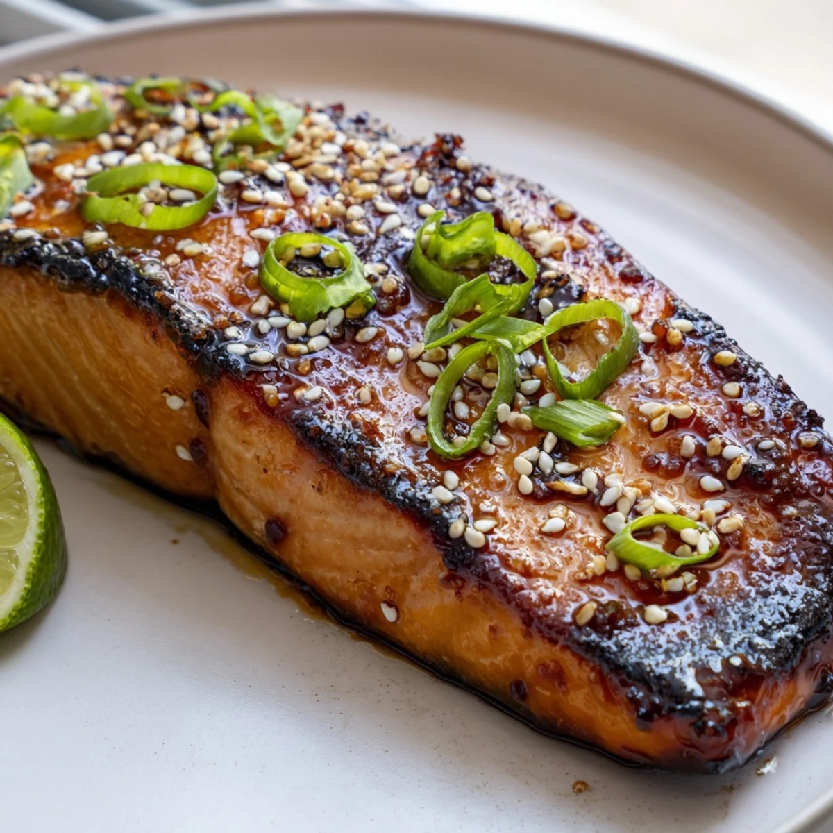 Glossy baked Asian salmon with caramelized soy ginger glaze on a white plate