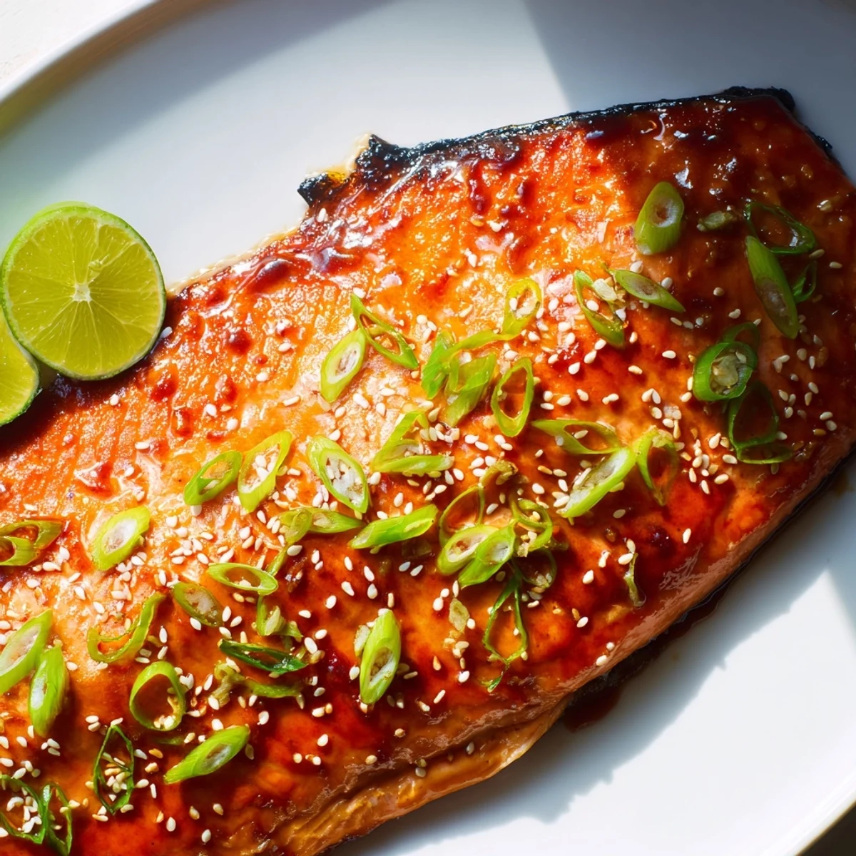 Golden baked Asian salmon fillet topped with sesame seeds and fresh scallions