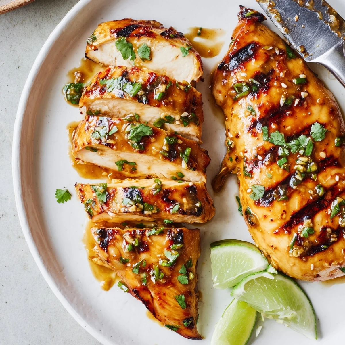 Golden grilled honey lime chicken with fresh cilantro and lime wedges on a rustic plate