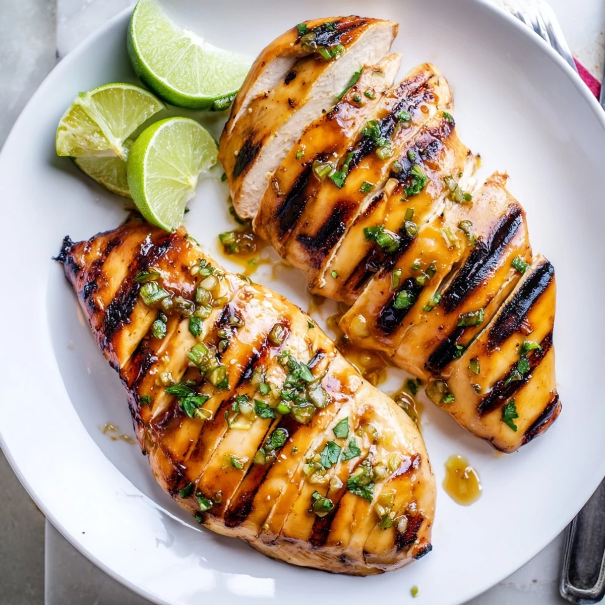 Perfectly charred honey lime chicken served alongside fluffy white rice and grilled vegetables
