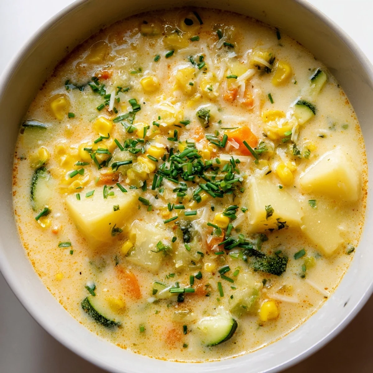 Creamy summer corn zucchini chowder topped with fresh parsley and chives in a rustic bowl