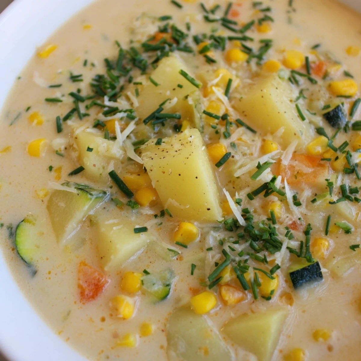 Golden summer corn zucchini chowder ladled into bowls with crusty sourdough bread on the side