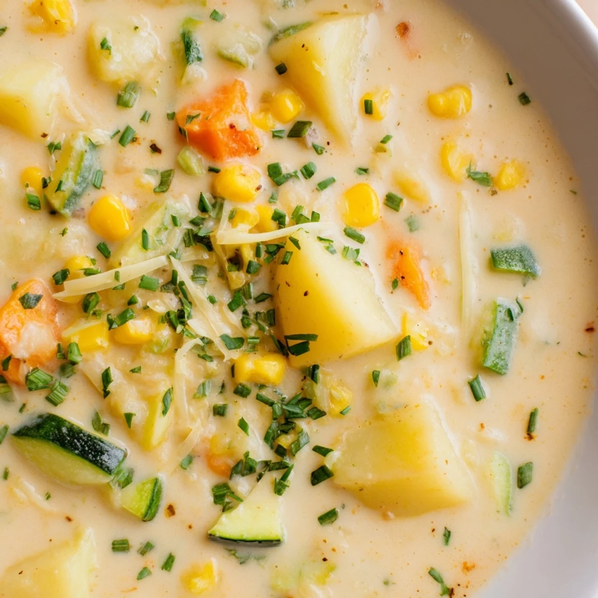 Steaming bowls of summer corn zucchini chowder garnished with parmesan and bright green herbs