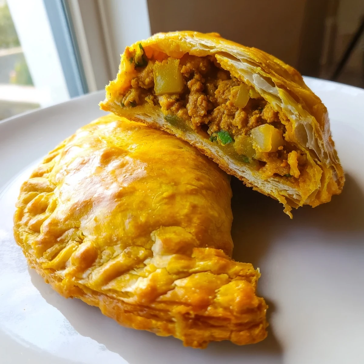 Crispy baked Jamaican Curry Chicken Patties shaped as half-moons on parchment-lined baking sheet