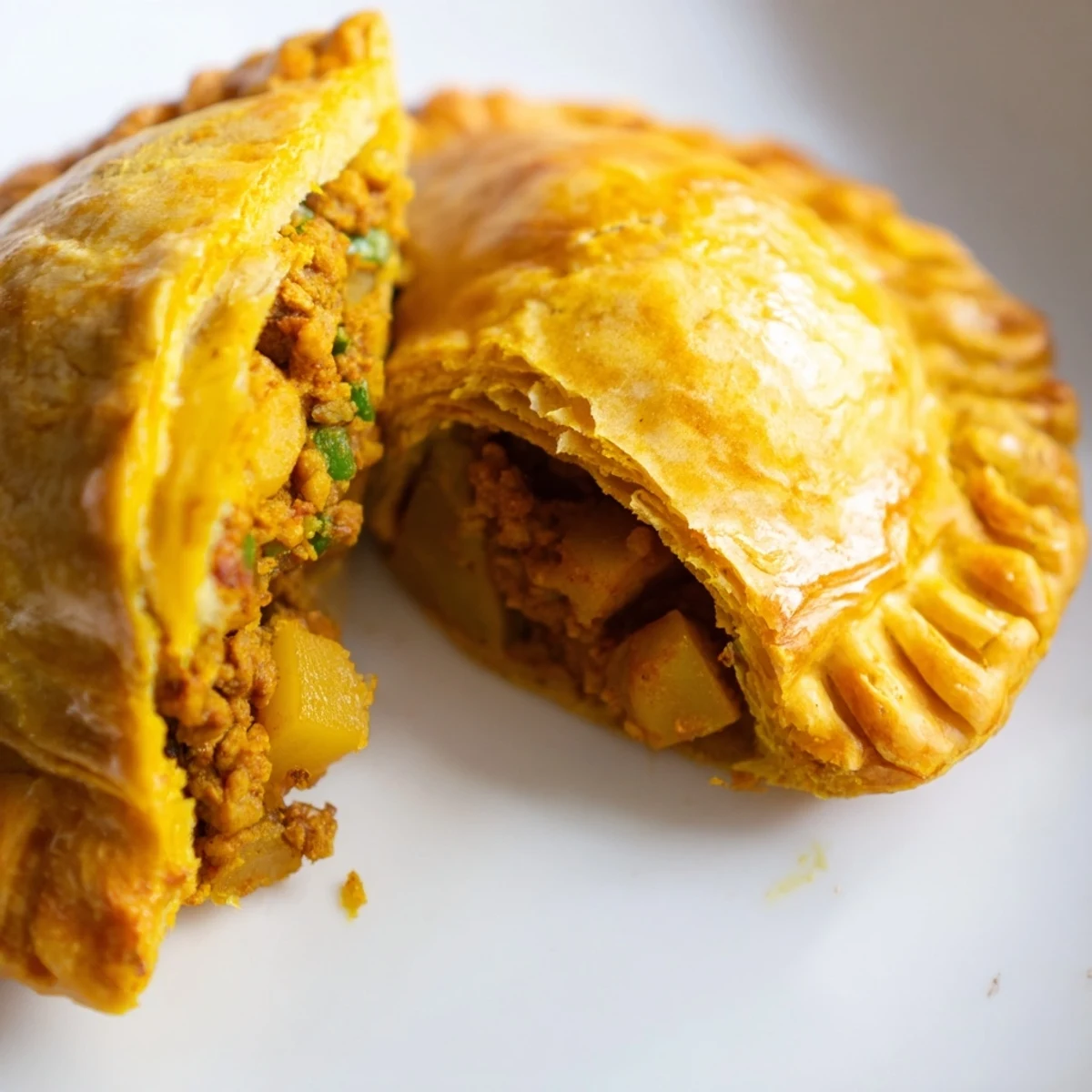 Steaming Jamaican Curry Chicken Patties with turmeric-yellow pastry and savory curried chicken filling