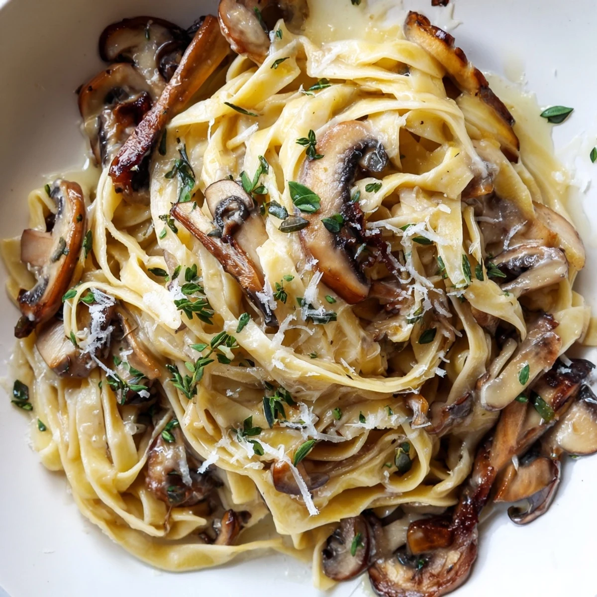 Creamy brown butter mushroom pasta in a golden skillet with fresh thyme leaves