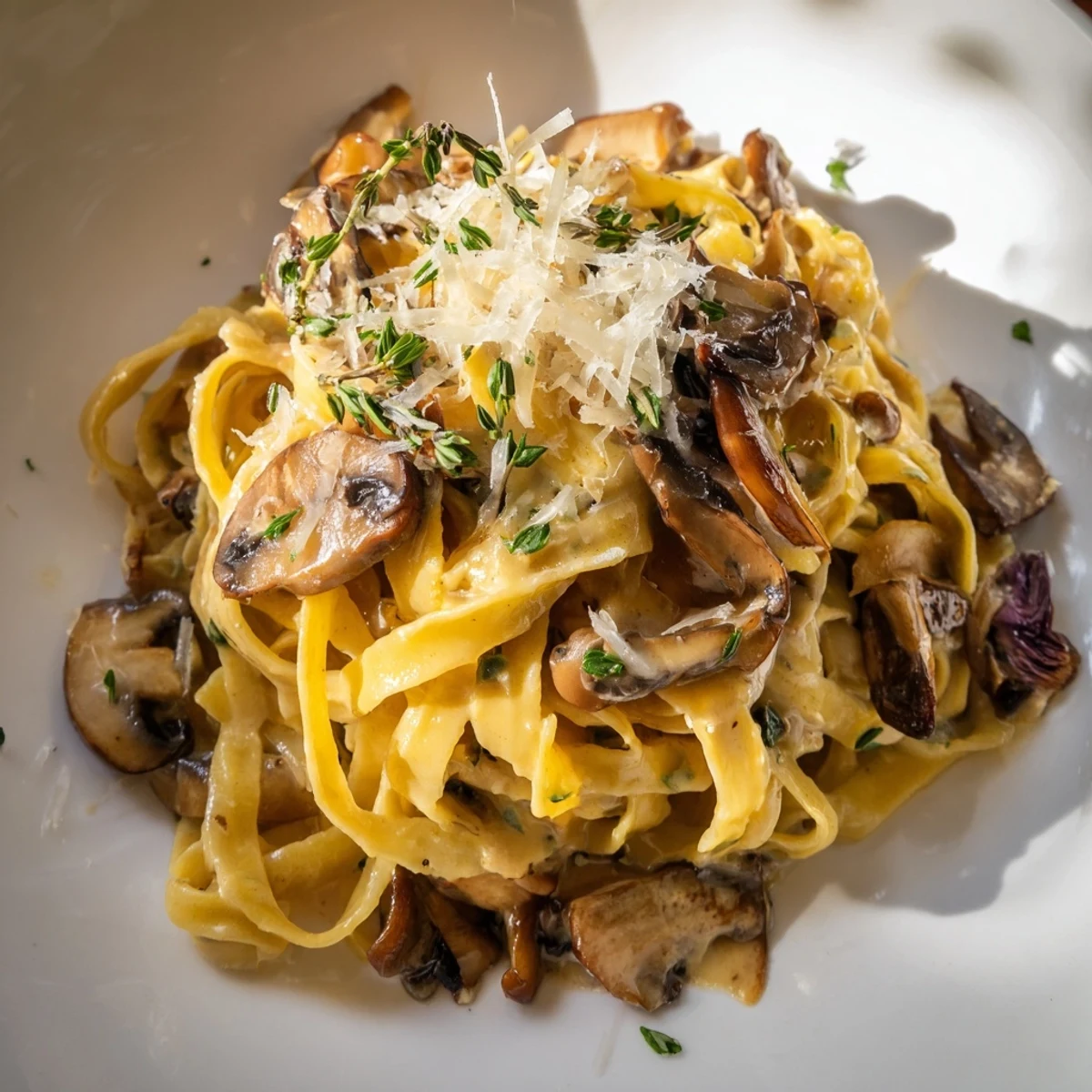 Steaming bowl of creamy brown butter mushroom pasta garnished with chopped fresh parsley
