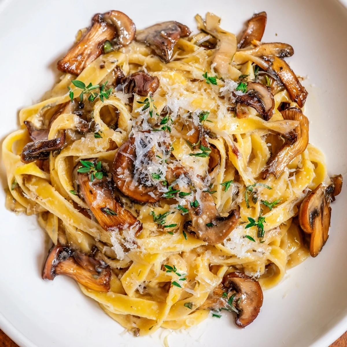 Silky creamy brown butter mushroom pasta topped with grated Parmigiano Reggiano and herbs
