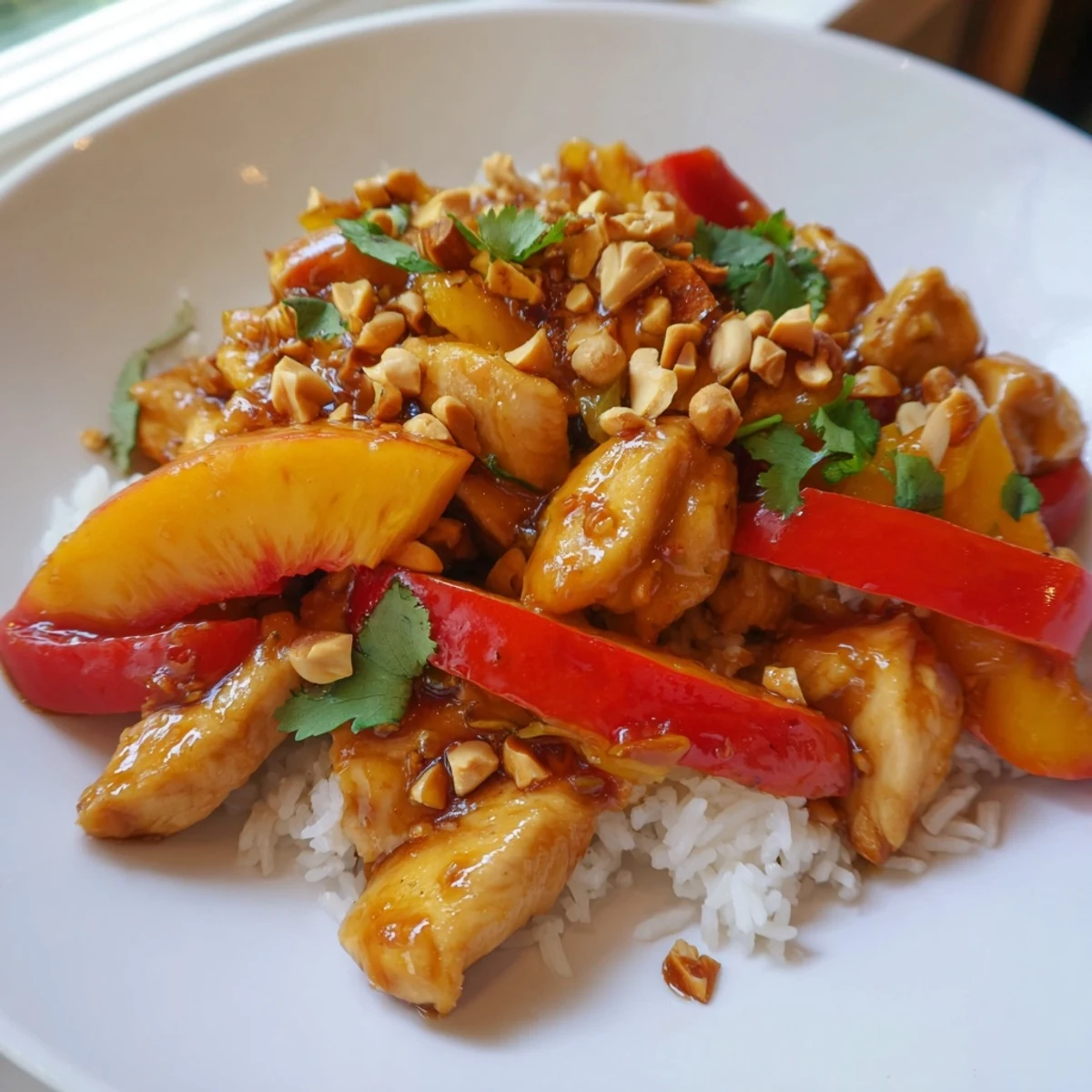 Tender Thai Peach Chicken glazed in a sticky, golden sauce with fresh peach slices