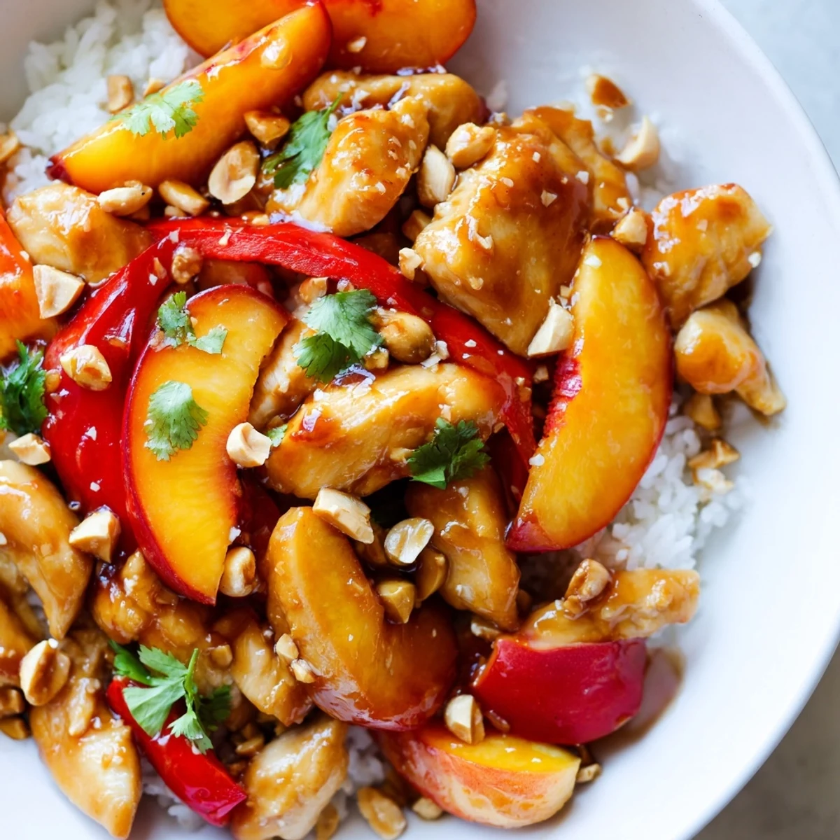 Thai Peach Chicken sizzling in a wok with vibrant bell peppers and juicy peaches