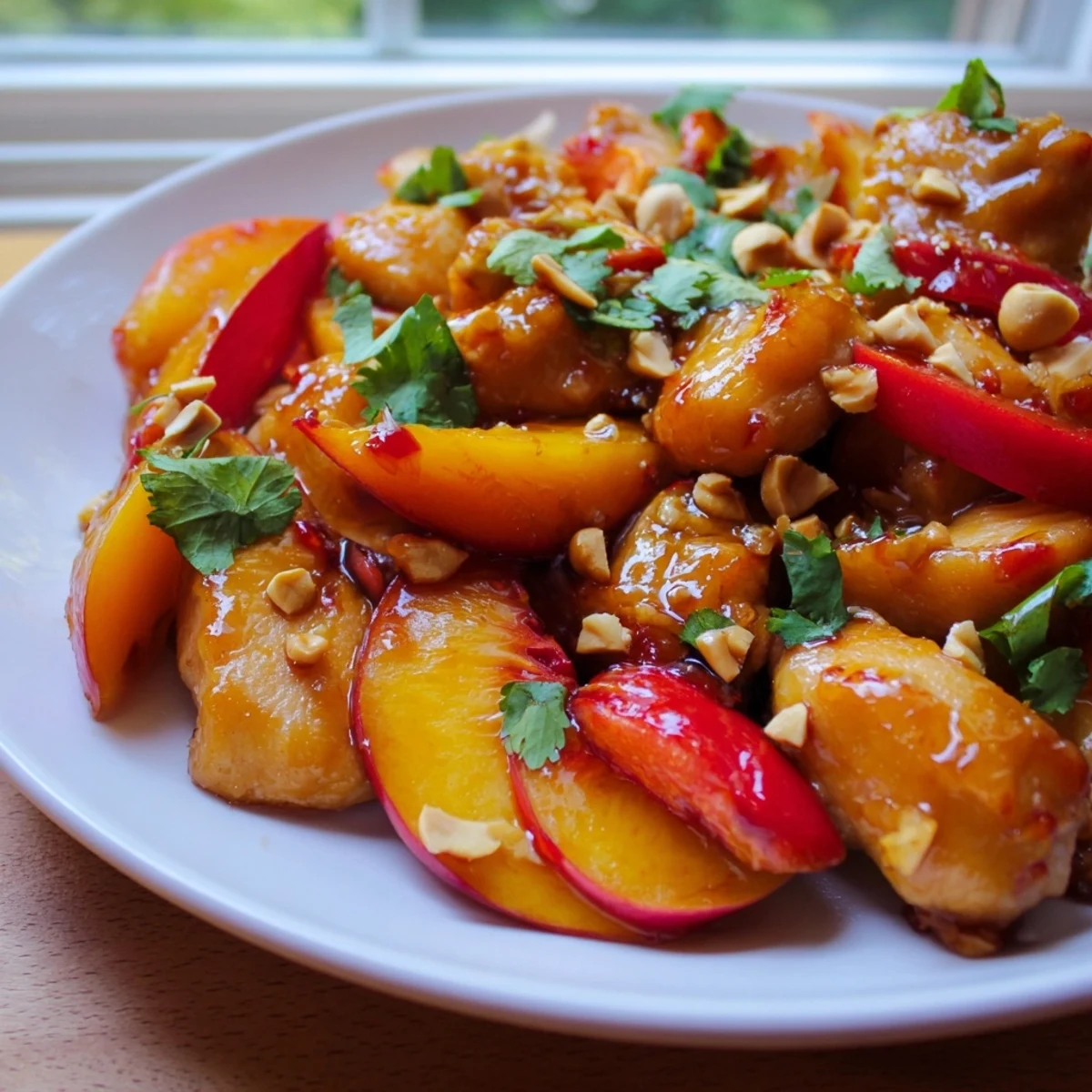 Creamy steamed jasmine rice topped with saucy Thai Peach Chicken, cilantro, and crushed peanuts