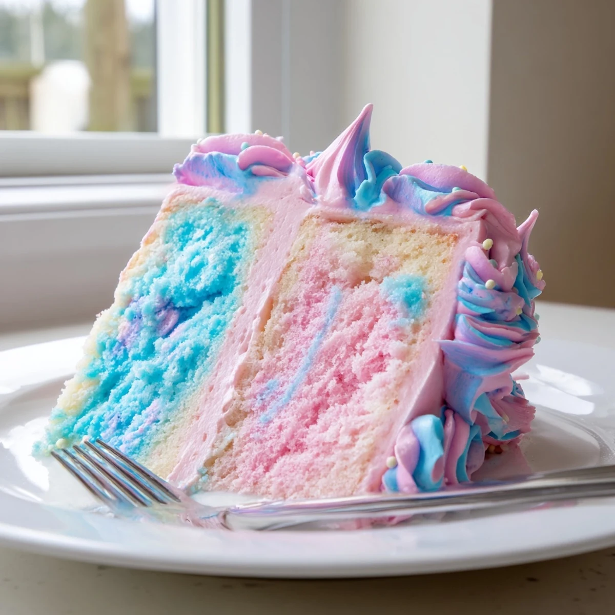 A slice of cotton candy cake showing swirled pink and blue buttercream frosting on a festive dessert plate