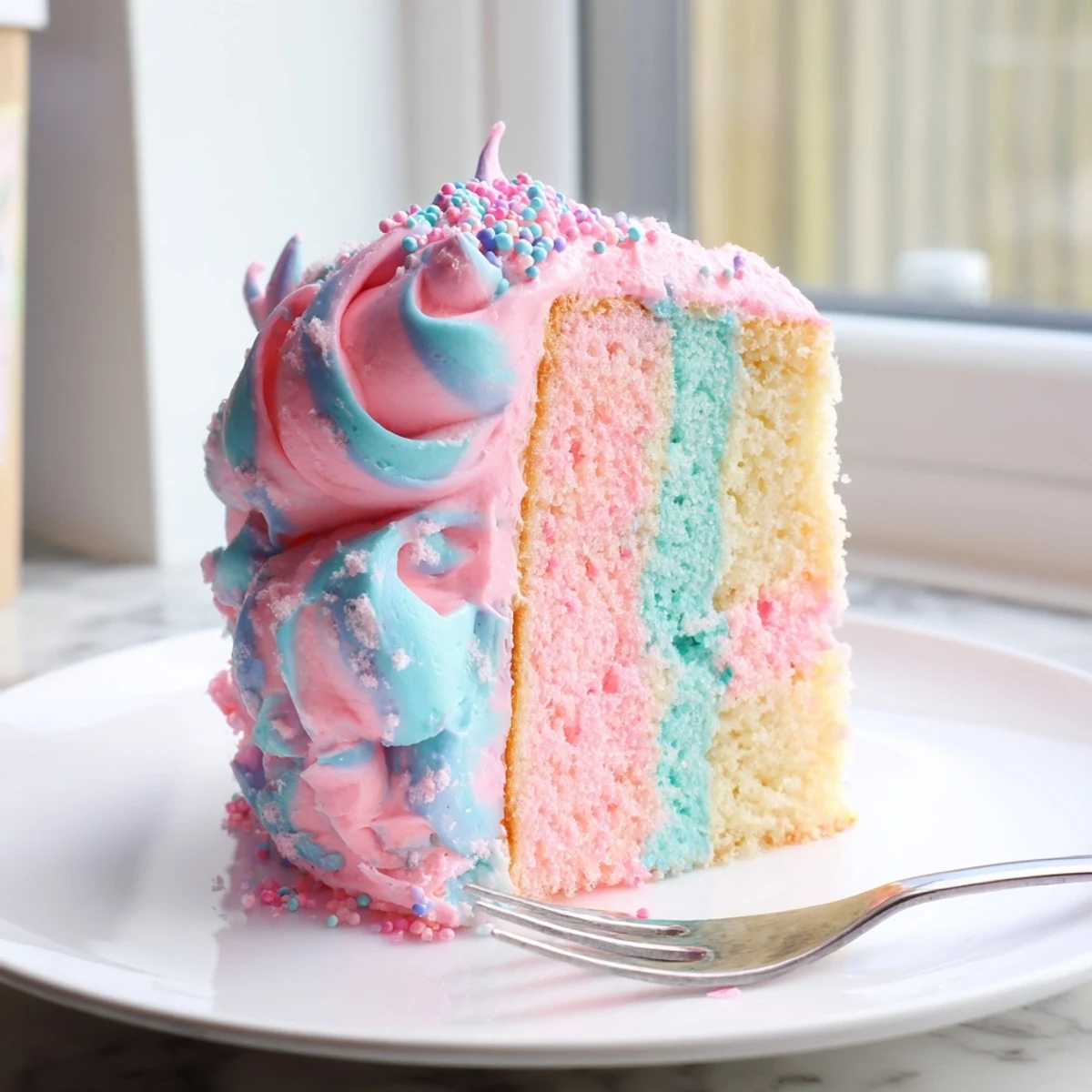 Cotton candy cake with fluffy pastel layers topped with wispy pink cotton candy garnish