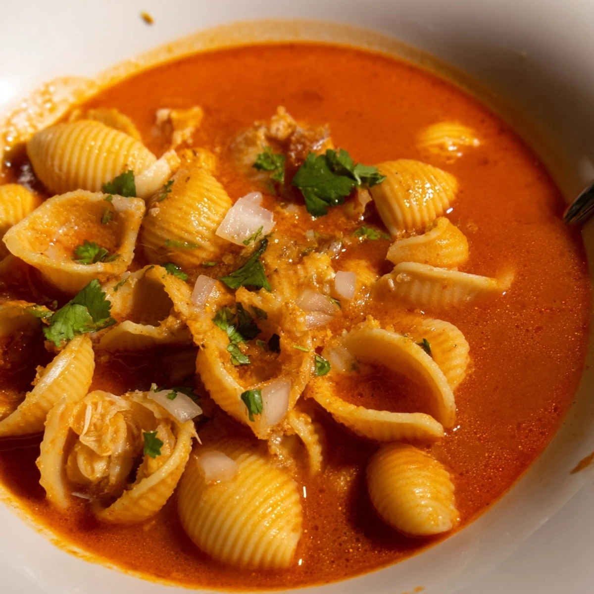 Bowl of sopa de conchas with golden shells in vibrant red tomato broth