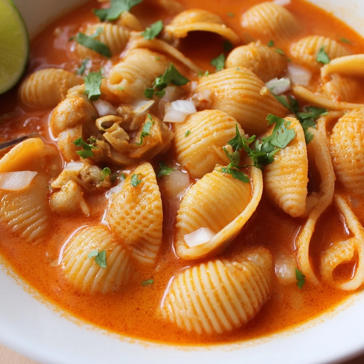 Hearty sopa de conchas ladled into a clay bowl beside warm tortillas