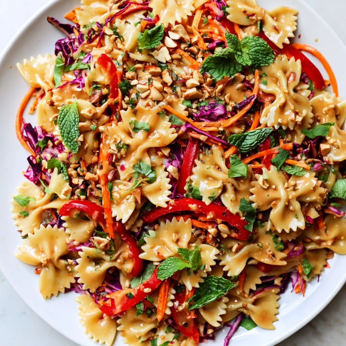 Colorful spicy Thai pasta salad tossed with crunchy vegetables and creamy peanut dressing