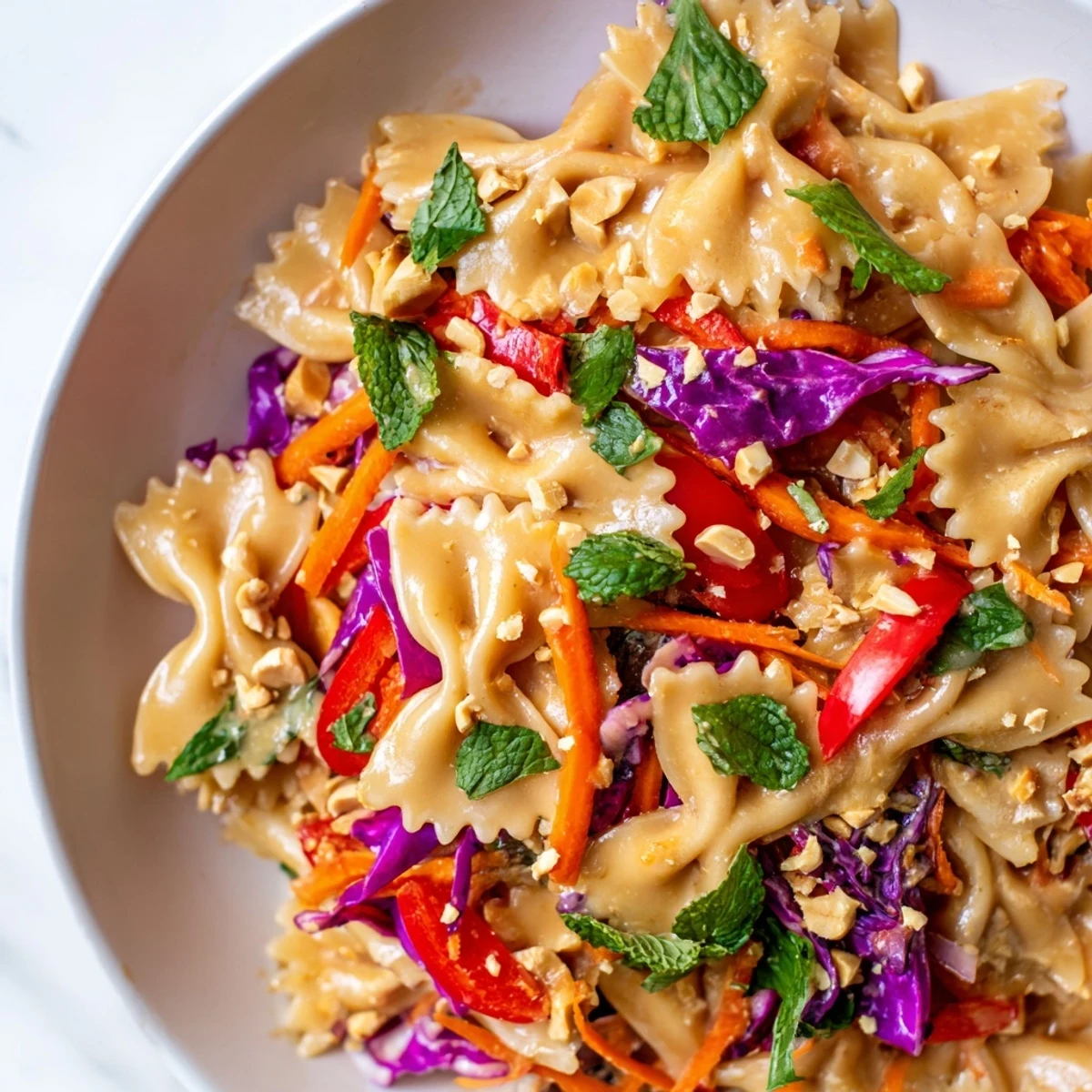 Bowtie pasta coated in spicy Thai peanut sauce with shredded cabbage and fresh herbs