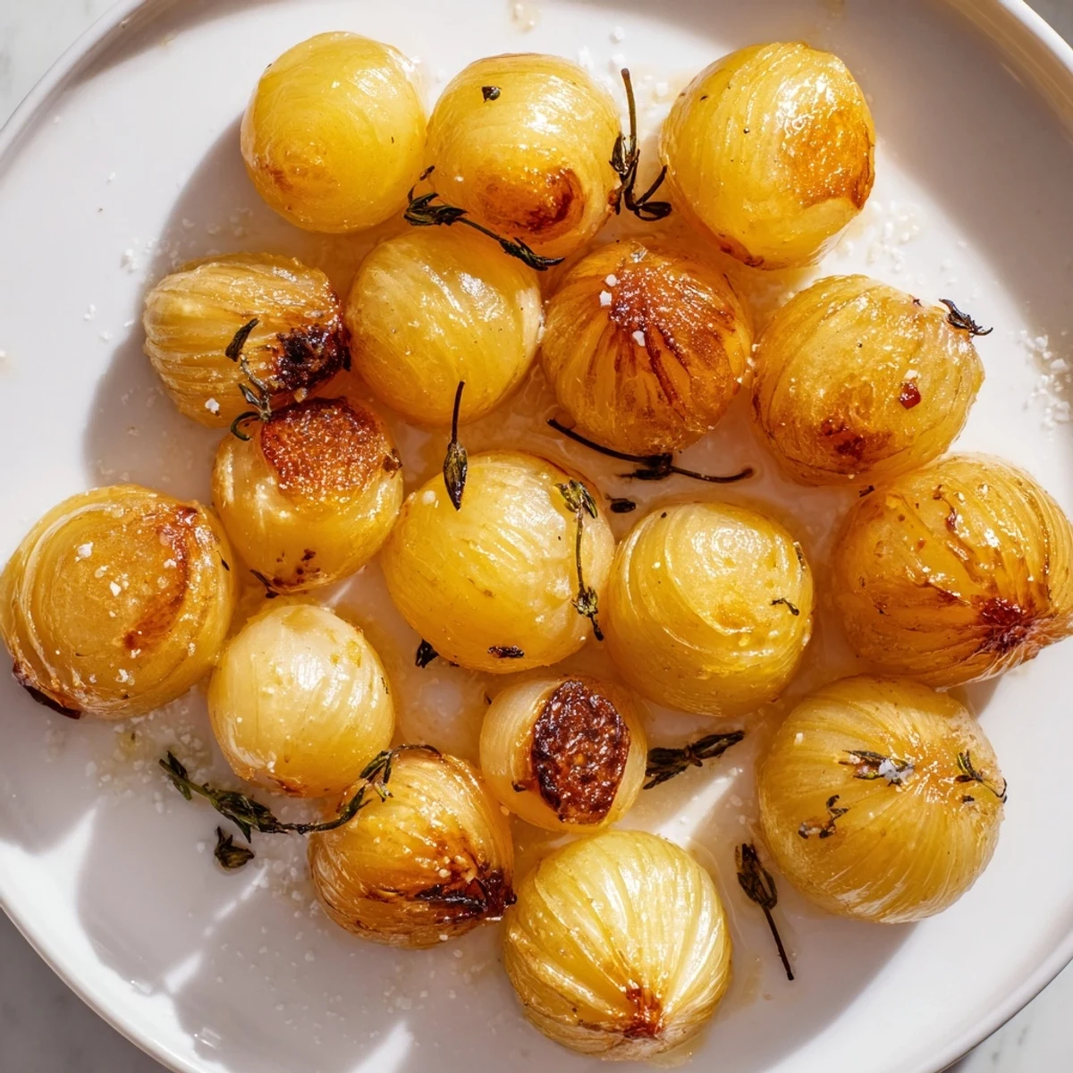 Golden crispy air fried pearl onions seasoned with herbs in a dark basket