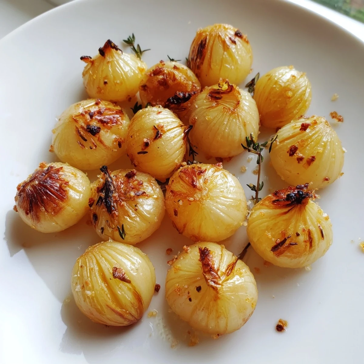 Caramelized air fried pearl onions piled in a rustic white serving bowl