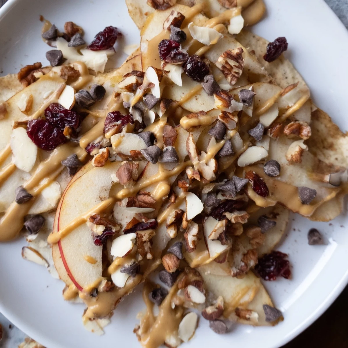 Crispy apple nachos with cinnamon tahini drizzle topped with toasted nuts and coconut on a rustic platter