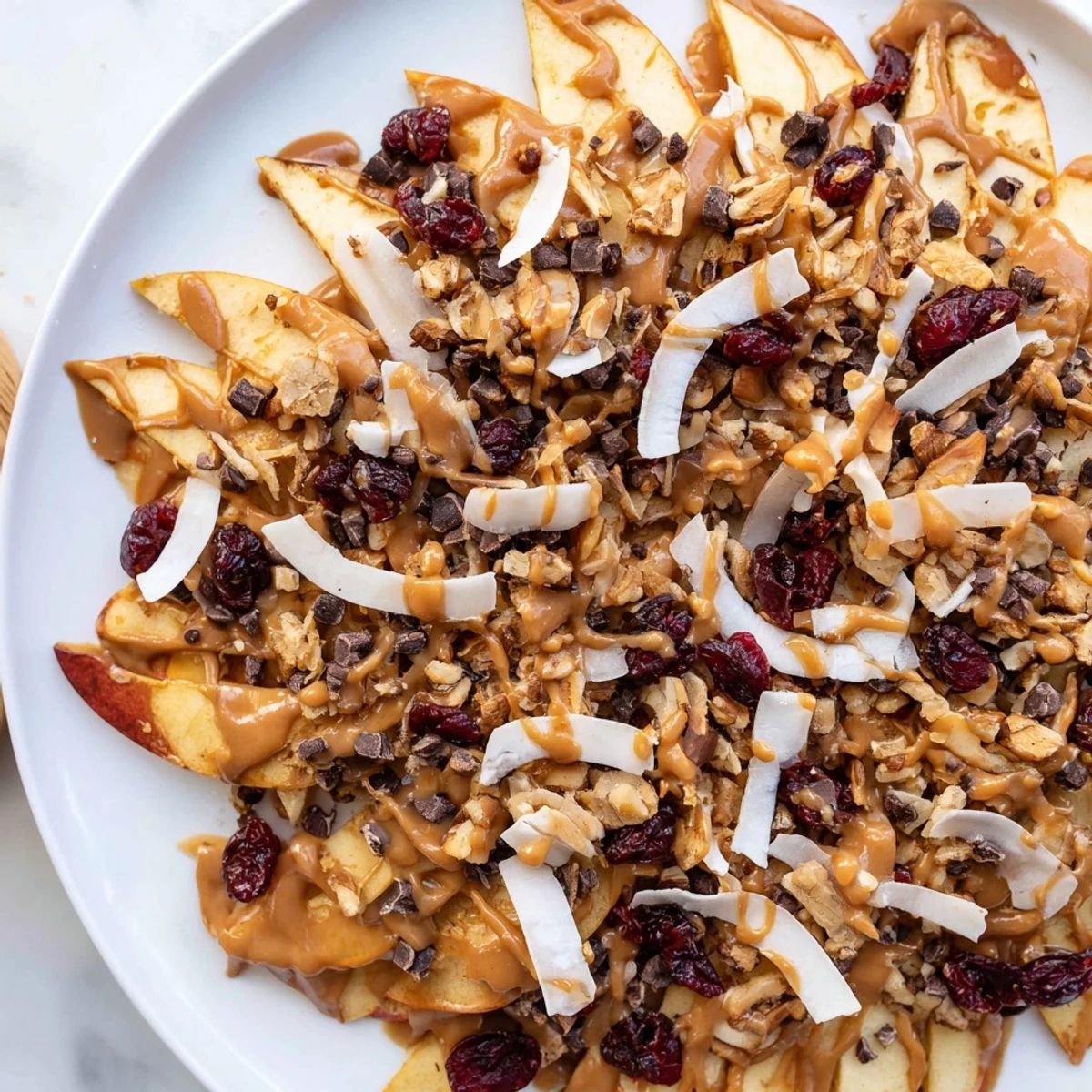 Thin apple slices layered on a plate under a golden cinnamon tahini drizzle with crunchy toppings