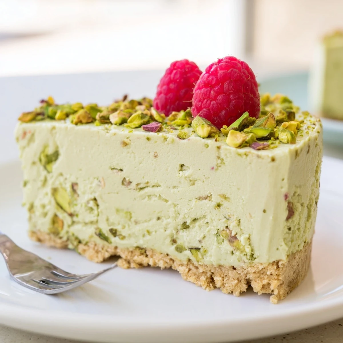 Creamy no bake pistachio cheesecake slice topped with chopped nuts on a buttery graham cracker crust
