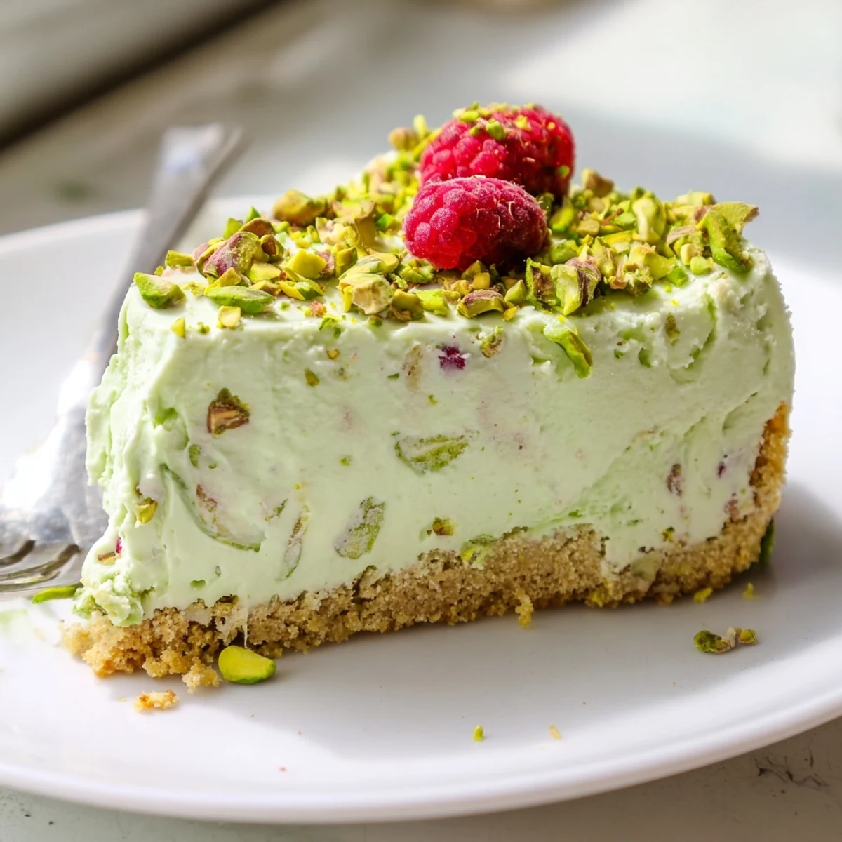 Green pistachio cheesecake with glossy filling sitting on a golden biscuit base, garnished with fresh berries