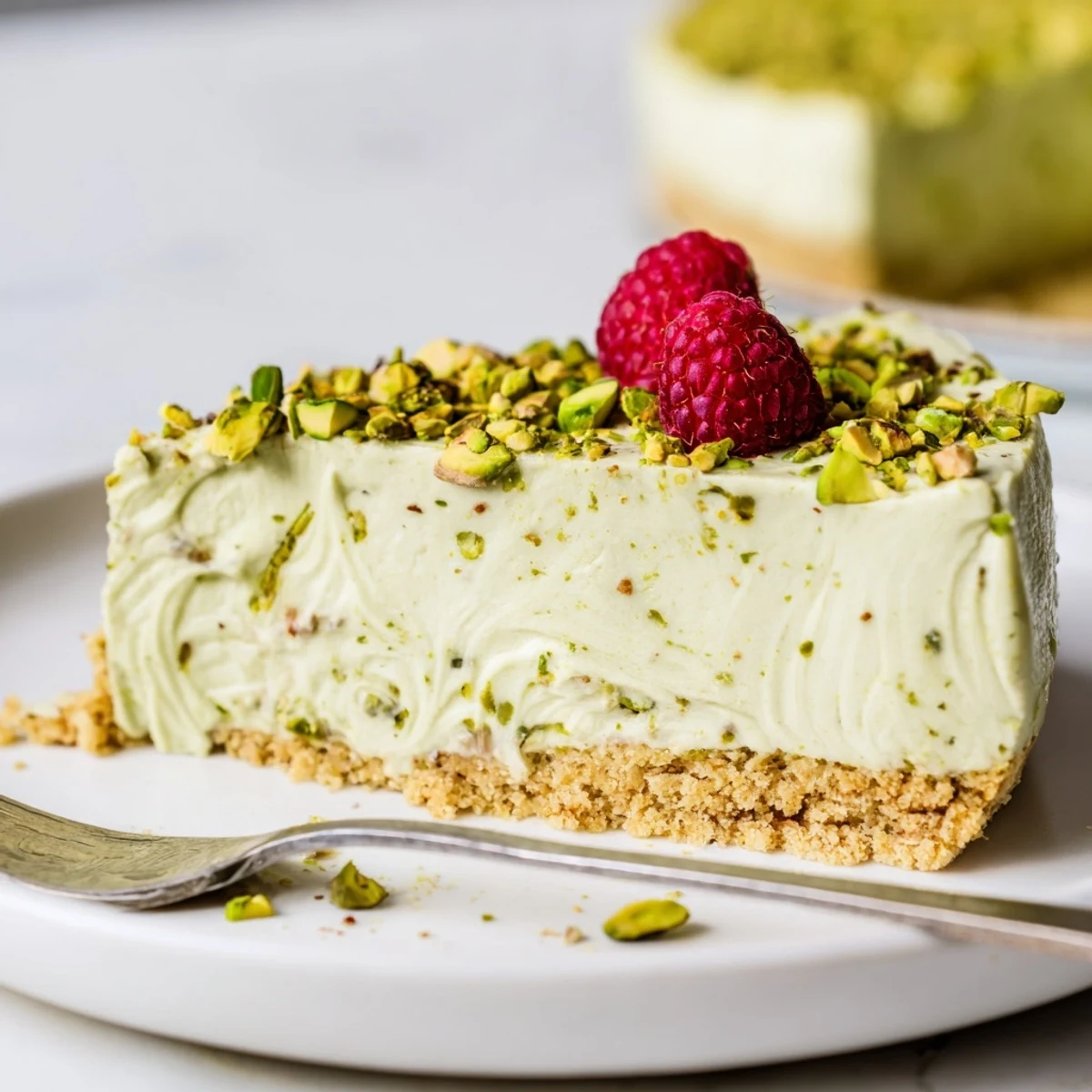 Smooth no bake pistachio cheesecake decorated with crushed pistachios and mint, served on a white plate