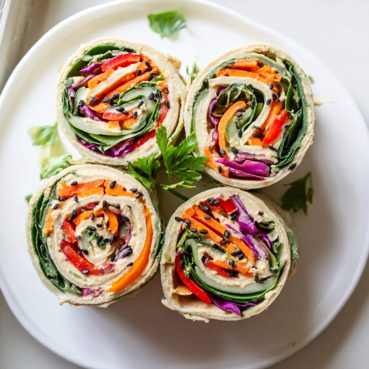 Creamy hummus veggie pinwheels sliced to reveal colorful fresh vegetables inside