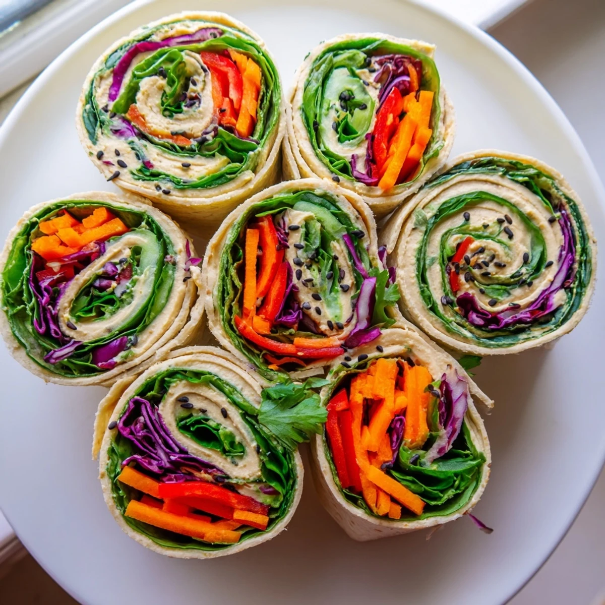 Vegan picnic hummus veggie pinwheels arranged on a platter with parsley garnish